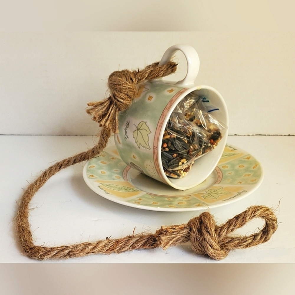 Teacup Bird Feeder Garden Outdoor Decor Tea Cup and Saucer - Picture 3 of 9